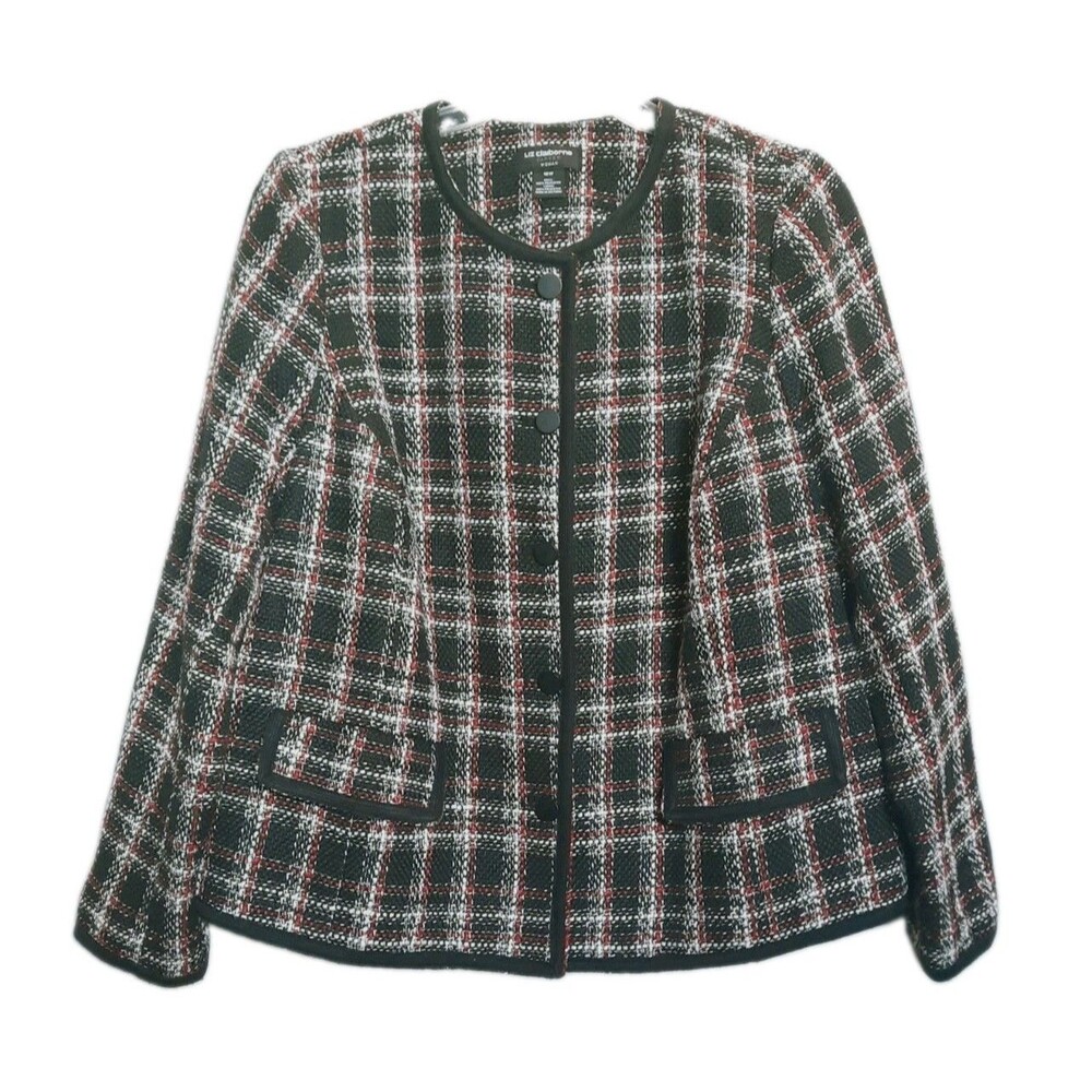 Vintage-Inspired Liz Claiborne Collarless Tweed Plaid Blazer Jacket Plus Sz 16W
